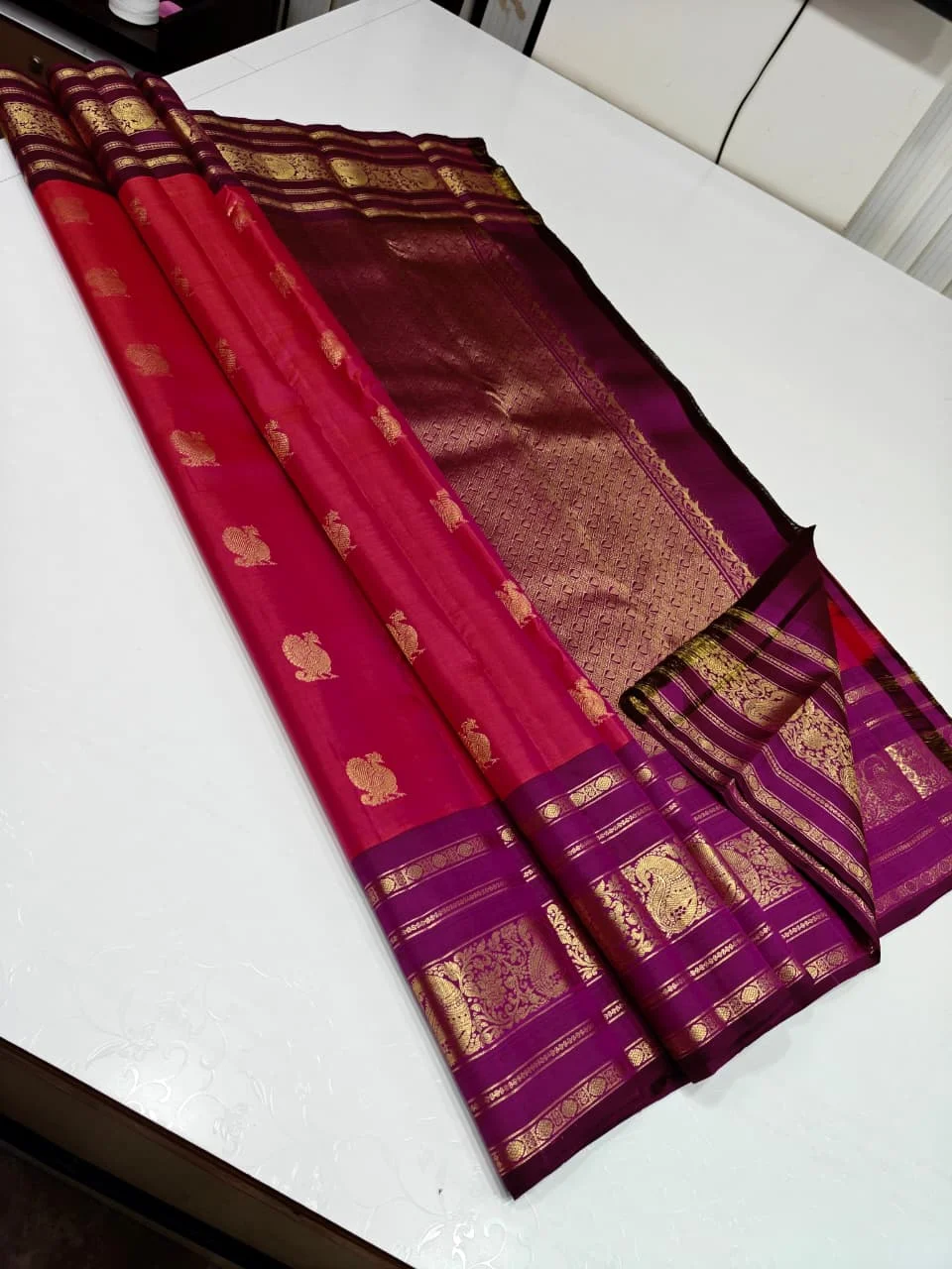 Violet-Purple and Bottle Green with Golden Zari Saree